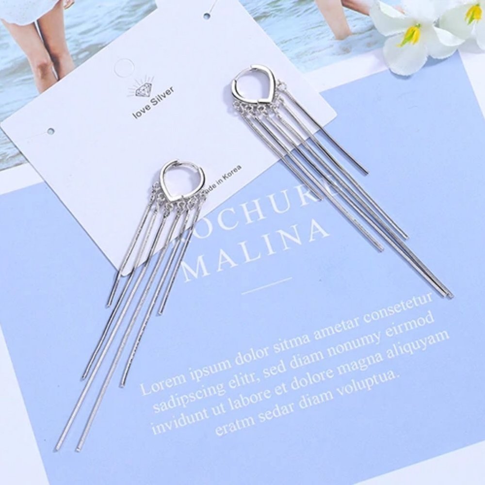 NEW 925 Sterling Silver Tassel Hoop Earrings - Picture 6 of 8
